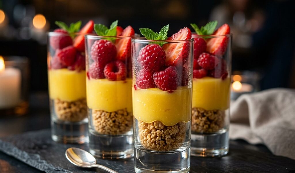 Verrines express : crumble, lemon curd et fruits rouges